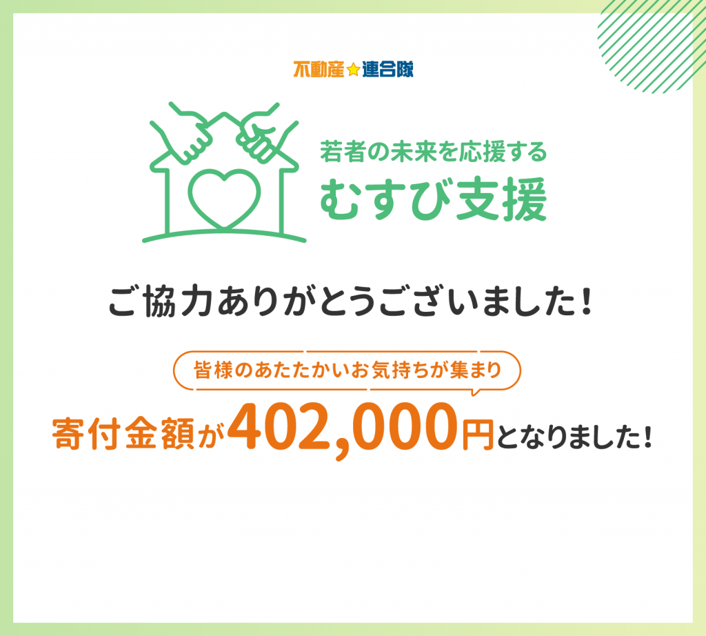 寄付プロジェクト『むすび支援(2024年度版)』の寄付金額が402,000円となりました。ご協力ありがとうございました!